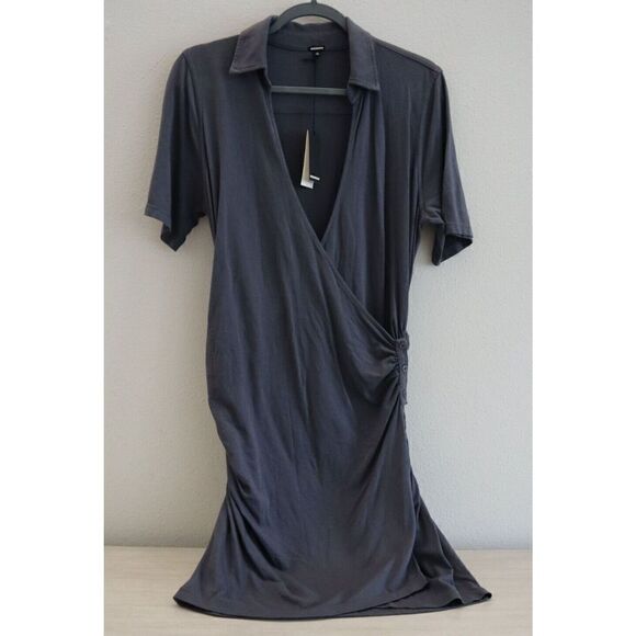 Monrow HD0418 Women's Sz Medium Gray Faux Wrap Shirred Waist Shirt Dress - Picture 3 of 10